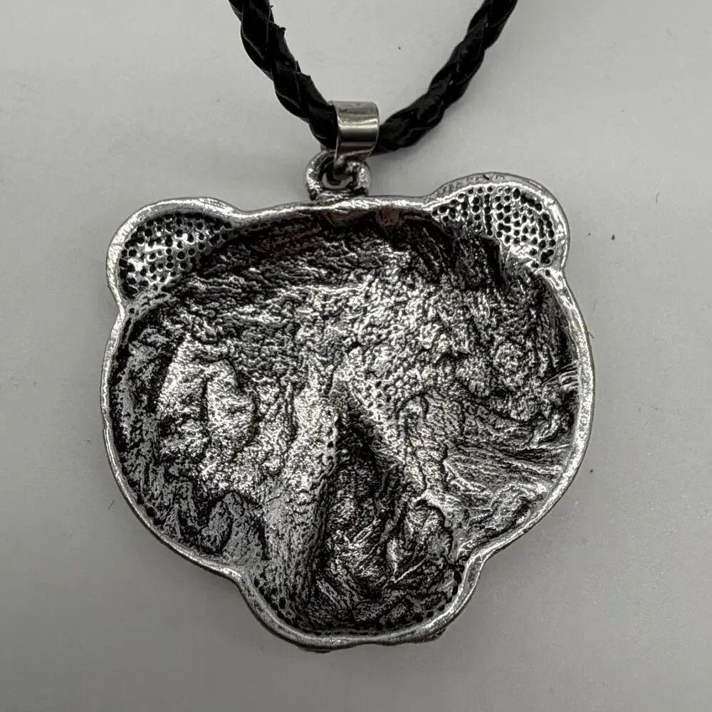 Tribal Bear Pendant Necklace Braided Leather Cord Silver Tone Animal Totem Boho